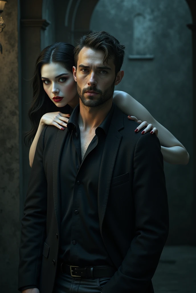 Normal man and vampire woman, Behind him
