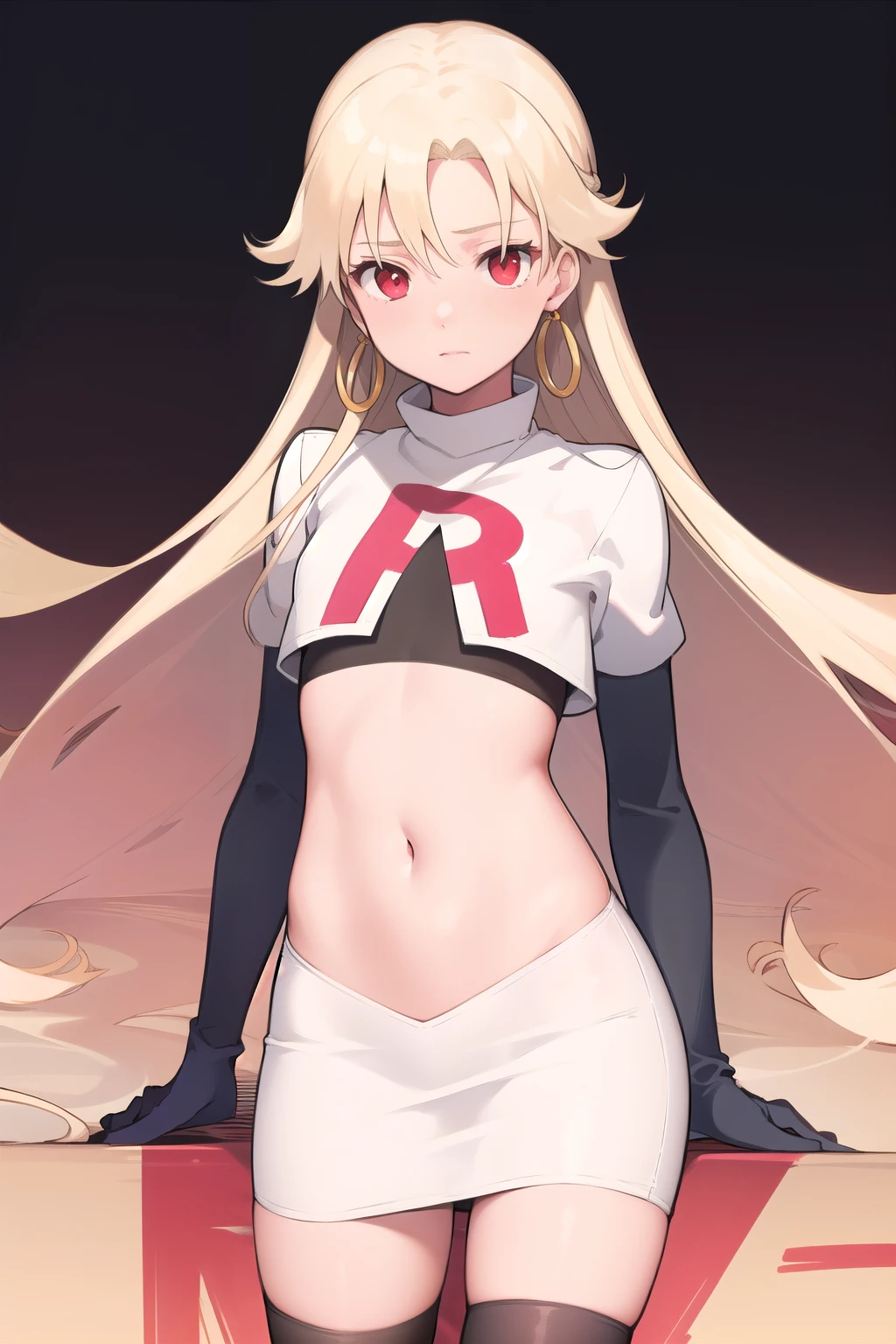 best quality, (masterpiece:1.2), illustration, absurdres,
(1girl, solo), (beautiful detailed girl), (cowboy shot),,
Roselia Millstein, blond hair, very long hair, red eyes, flat chest,
earrings, team rocket,team rocket uniform,white skirt,red letter R,crop top,black thigh-highs,black elbow gloves,
