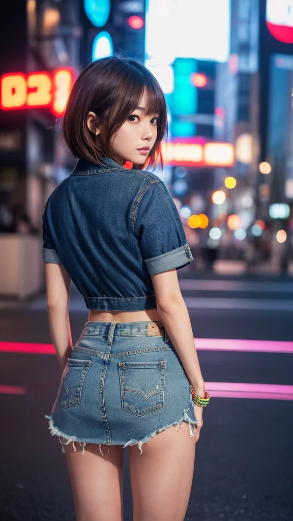 Prompt 2: A stunning Japanese woman with short, stylish brown hair, dressed in a denim mini skirt and a casual top. She is posed in a modern cityscape at night, with neon lights reflecting around her.