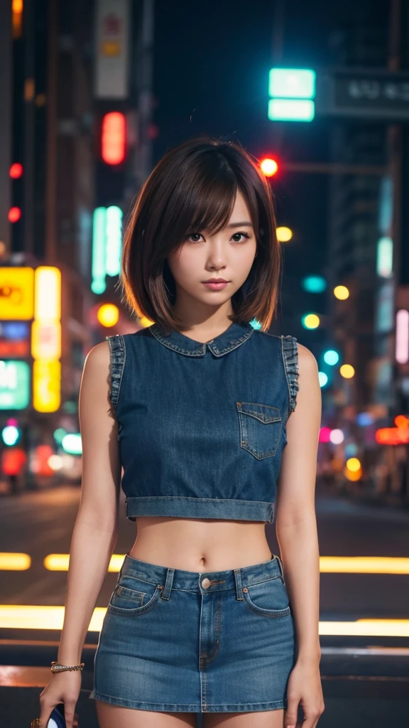 Prompt 2: A stunning Japanese woman with short, stylish brown hair, dressed in a denim mini skirt and a casual top. She is posed in a modern cityscape at night, with neon lights reflecting around her.