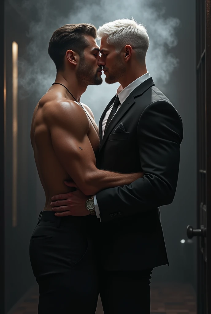 2 man! gay art! handsome Matt Anderson without clothes. Sensual shooting. pleasure. sweaty body . sex. Chest muscles! Chest hair! ((monochrome)), ((grayscale))wearing a suit and tie,tattoo. white hair Smoke, movie feeling!Movie lights! Award-winning poster
