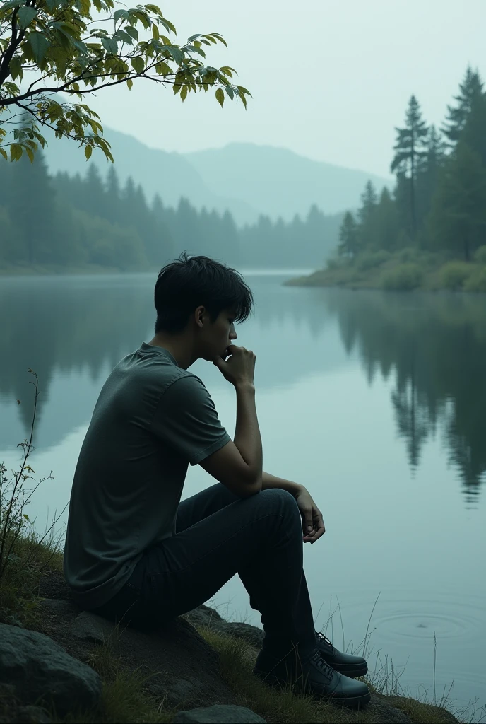 A person sitting thoughtfully in a peaceful setting, perhaps by a calm lake, reflecting on their past mistakes and the consequences.