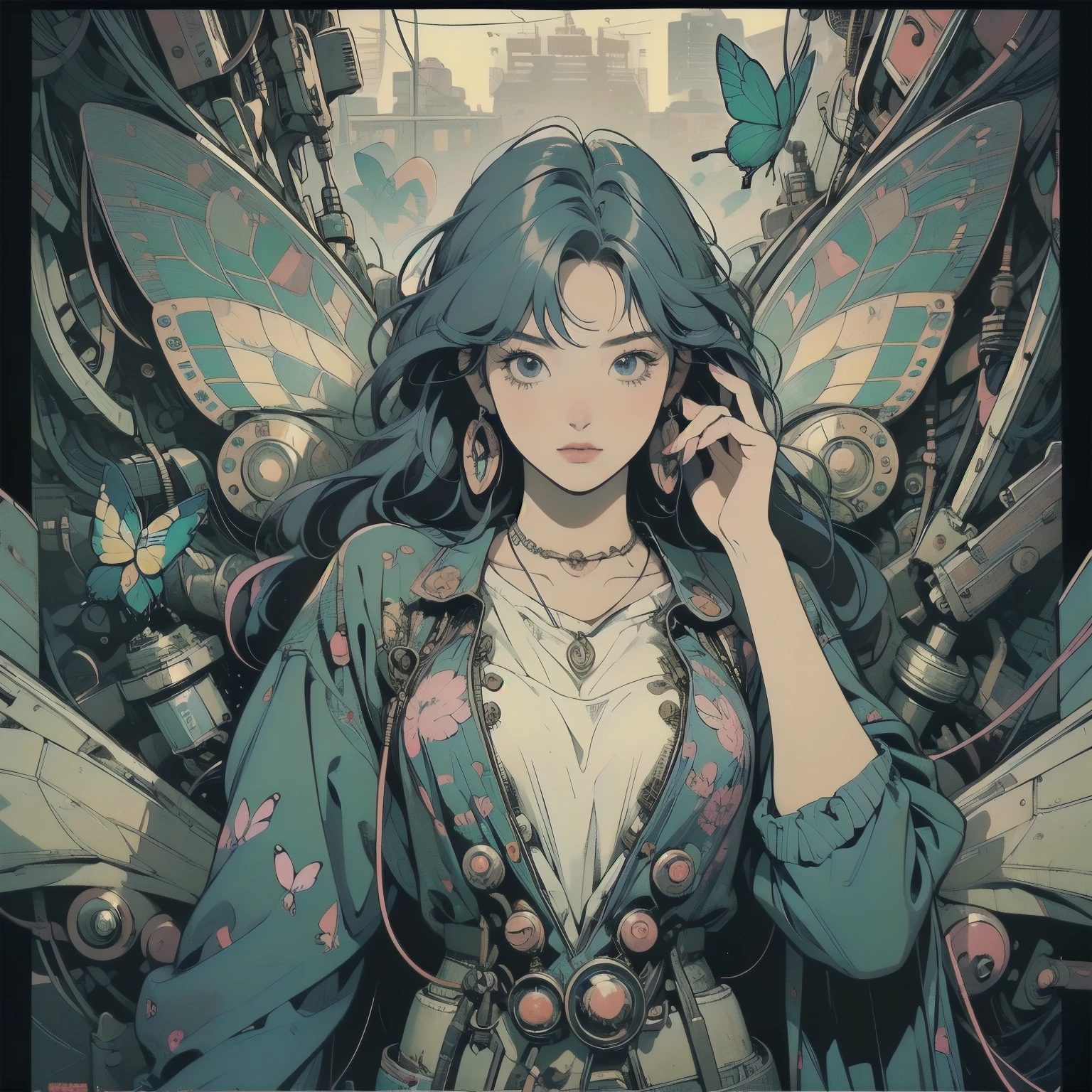 (((masterpiece, Highest quality)))、(((32K Wallpapers)))、The most detailed machine、((Outdated machinery and a woman)))、The most detailed background、(((Flat Chest)))、(((Surrounded by many complex, sophisticated, Outdated machinery)))、Upper Body、 (One person:1.2), ((((Model Pose))))、((Overall colorfully))、A perfect Outdated machinery、(((Perfect Face)))、(((The most complete Outdated machinery)))、Detailed Hair、Short sleeve white T-shirt、Colorful hair color、(((Mechanical Butterfly))), (((Lots of cables)))、Very strong light