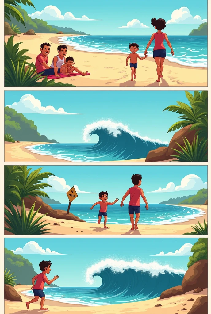 Create a comic strip image about tsunami prevention Scene 1: A family is enjoying a sunny day at the beach.
dad: What a beautiful day to be at the beach!
mother: Yeah, But we must always be alert to the signs of a possible tsunami..
SCENE 2: suddenly, The sea water begins to recede rapidly.
son: Mira! The water is going away!
mother: That's a sign that a tsunami could be on the way.. We must evacuate immediately!
Scene 3: The family runs to an elevated area following evacuation signs.
dad: Fast, Let's follow the signs to a safe place!
is: I'm scared, But I know we'll be fine if we stick to the plan.!
Scene 4: The family reaches a safe hill and watches from afar as the tsunami waves hit the shore.
mother: It is important to have an evacuation plan and practice it regularly..
dad: And we should never stay close to the shore to watch the tsunami.. Safety first!
Scene 5: After the tsunami, The family returns home and helps the community recover.
son: Good thing we were prepared!
is: Yeah, thanks to that we are safe.
mother: Always remember to be alert for tsunami warnings and signs..
dad: And have an emergency backpack ready with essential supplies..