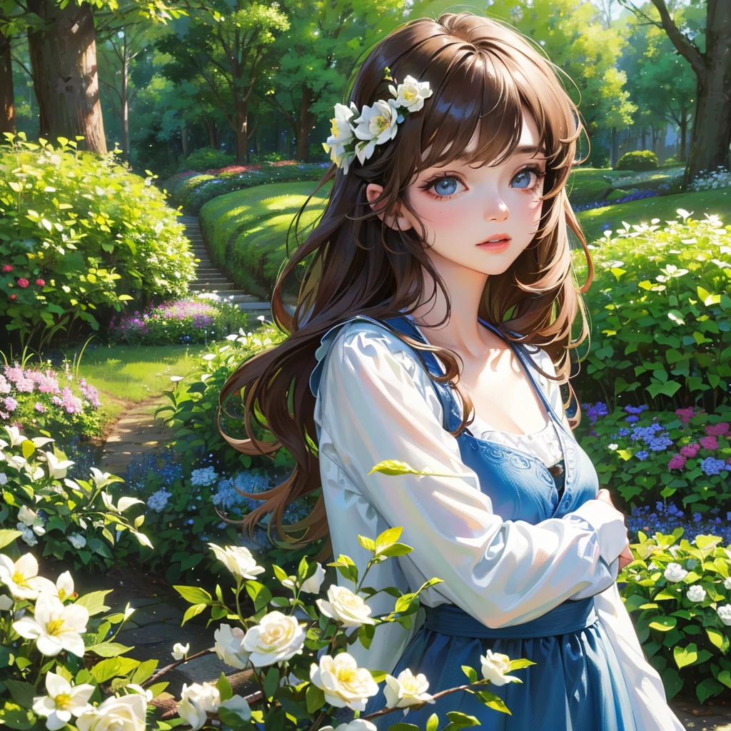 a beautiful young girl with curly brown hair and bright blue eyes, serene expression, wearing a pale blue dress, standing in a lush green garden with colorful flowers, sunlight filtering through the trees, (best quality,8k,highres,masterpiece:1.2),ultra-detailed,(realistic,photorealistic,photo-realistic:1.37),intricate details,natural lighting,warm color tones,cinematic composition,portrait,digital art