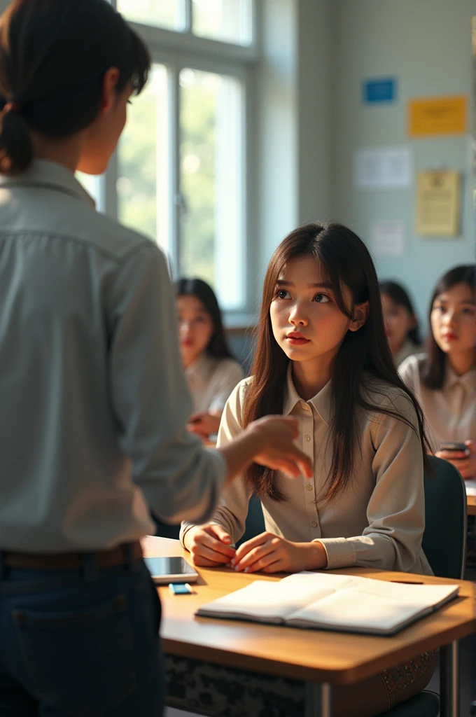 high school classroom, Professor explains how excessive use of electricity contributes to climate change. Sara, the protagonist, pay attention while other students are distracted.