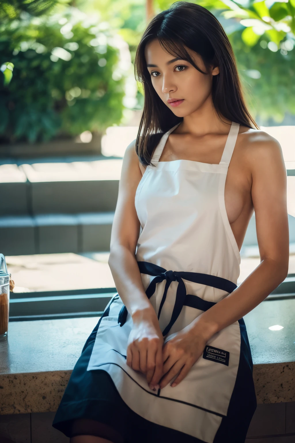 ( except for an apron:1.4)、（Film Grain），summer，hot，Leisurely afternoon，Full body portrait，(((original photo)))，is working behind the counter at a cafe，34-26-36 body measurements are hourglass,(Barista Apron、Long apron、stripe、pattern、badge、pattern:1.5)，Rim Light， clavicle， Beautiful Face，Arm tattoo，belly button，Wide ， Narrow waist，(((Long legs)))，Idol， Depth of written boundary， Tilt， Reflexive，Real, 超High resolution, high quality，Soft Light，最high quality，masterpiece，8k，スーパーReal，(Film Grain, Color Difference, Sharp focus, In the Dark, Deep Shadow, low posture, Cold Light,  look). Portrait Style, Professional commercial photography， Scrupulous,(Fine-grained), (Highest detail) ○○ res – 超High resolution , Very high texture (Water Highlight Resolution), Real hands and fingers – (Realで美しい4K) , 8k,Extreme Detail,  (最high qualityの生地の質感), Every detail,Exquisite facial features, masterpiece – masterpiece○○品质 – (最high quality) ,Leica Film, high quality○○詳細～○○Super detailed(Super Fine ), Real, Very detailed(Very detailed) , Scrupulous,  解析度 – ○○ 解析度超High resolution(High resolution)