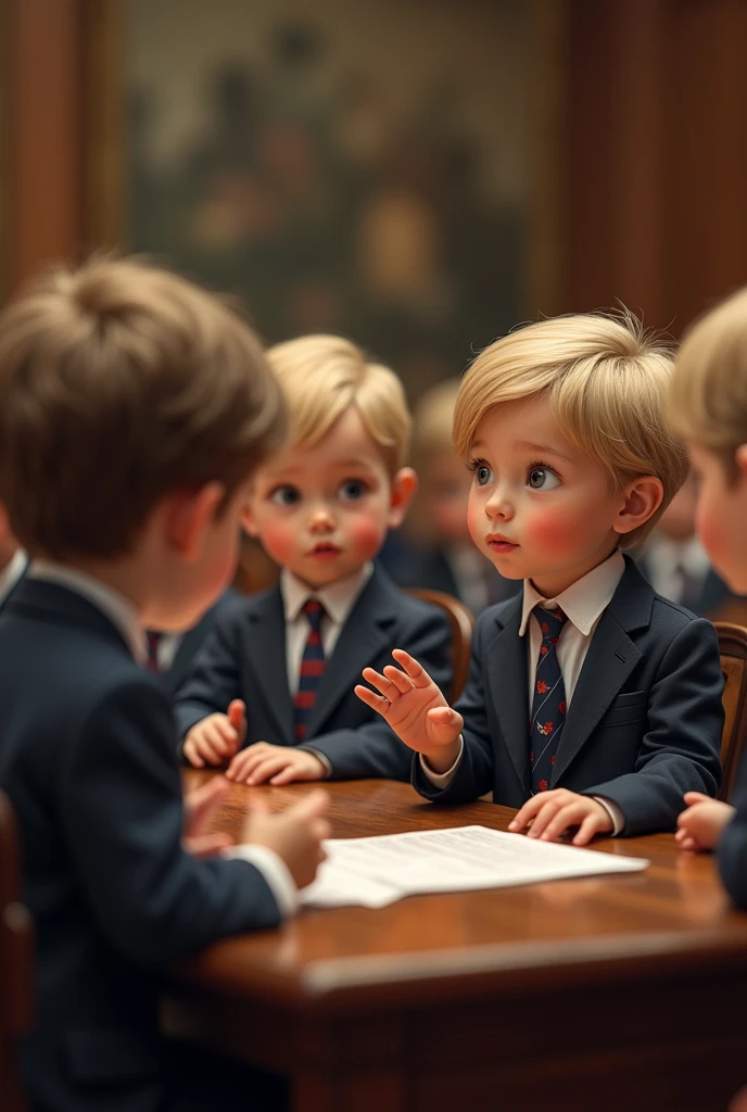 A mini-congress of tender children debating something that proves their innocence and premature babies in suits and ties in a congress with seats. Like a normal conference but with children dressed as adults but tender and with adult gestures. A big debate