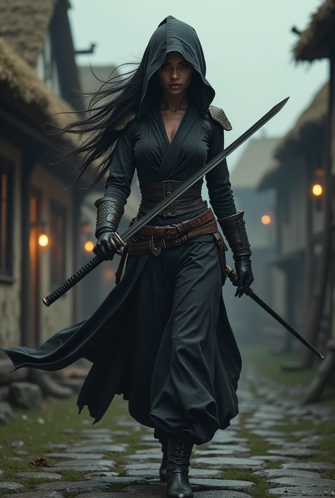 A role-playing character, dark skin woman with katana, the best assassin in a medieval village 