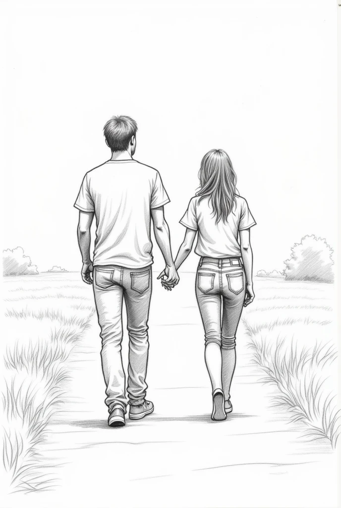 A pencil sketch of a man walking along a pathway who is wearing a t shirt and a denim suddenly passes a woman who is wearing a t shirt and a denim