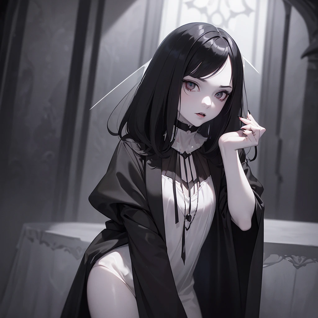 (high quality: 1.3), Movie Lenses, masterpiece, (Clear focus: 1.5), (Reality: 1.3), Medium Portrait (A young beautiful vampire woman, Pale skin, Gothic, Still proud and fierce, Short black hair, Dark appearance, Wearing a very fine dark tunic, Dark atmosphere, Instead, it uses sharp contrasts of light and dark to create shapes.), It's night, (Highly refined skin), (Delicate face), Detailed background, Dark Lights, Dusk lighting, Volumetric Lighting, Intricate details, Ultra HD,