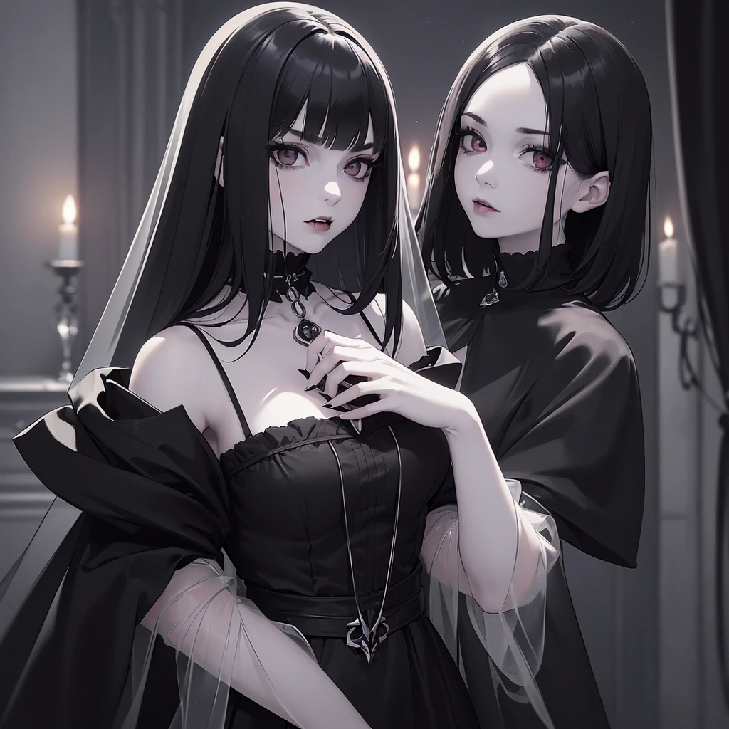 (high quality: 1.3), Movie Lenses, masterpiece, (Clear focus: 1.5), (Reality: 1.3), Medium Portrait (A young beautiful vampire woman, Pale skin, Gothic, Still proud and fierce, Short black hair, Dark appearance, Wearing a very fine dark tunic, Dark atmosphere, Instead, it uses sharp contrasts of light and dark to create shapes.), It's night, (Highly refined skin), (Delicate face), Detailed background, Dark Lights, Dusk lighting, Volumetric Lighting, Intricate details, Ultra HD,