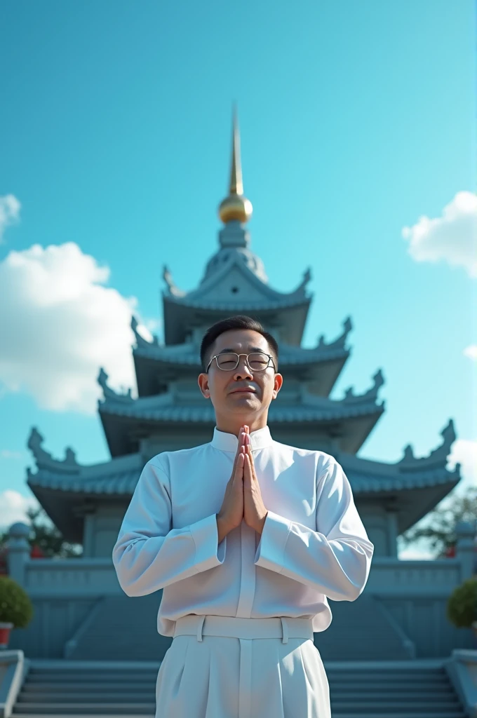 Asian man wearing eyeglasses, white shirt and white pants, dharma practice, standing in front of the Buddhist temple, blue sky in the morning, blue atmosphere