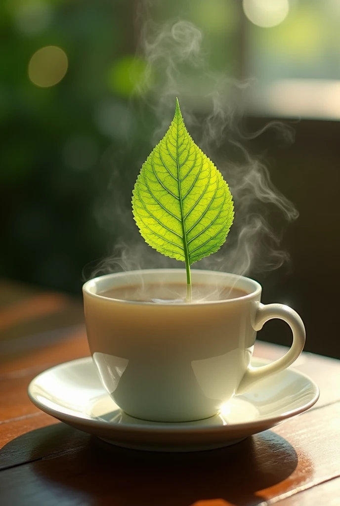 A leaf dancing on the table in a tea cup