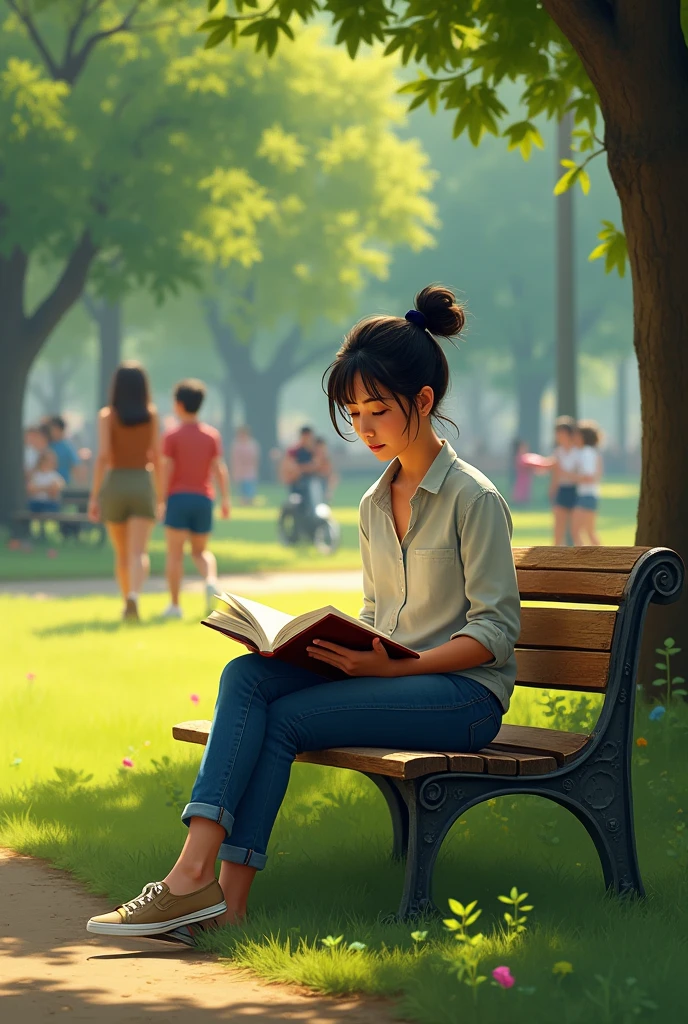 A person reading a book on a bench in a park with people playing around him