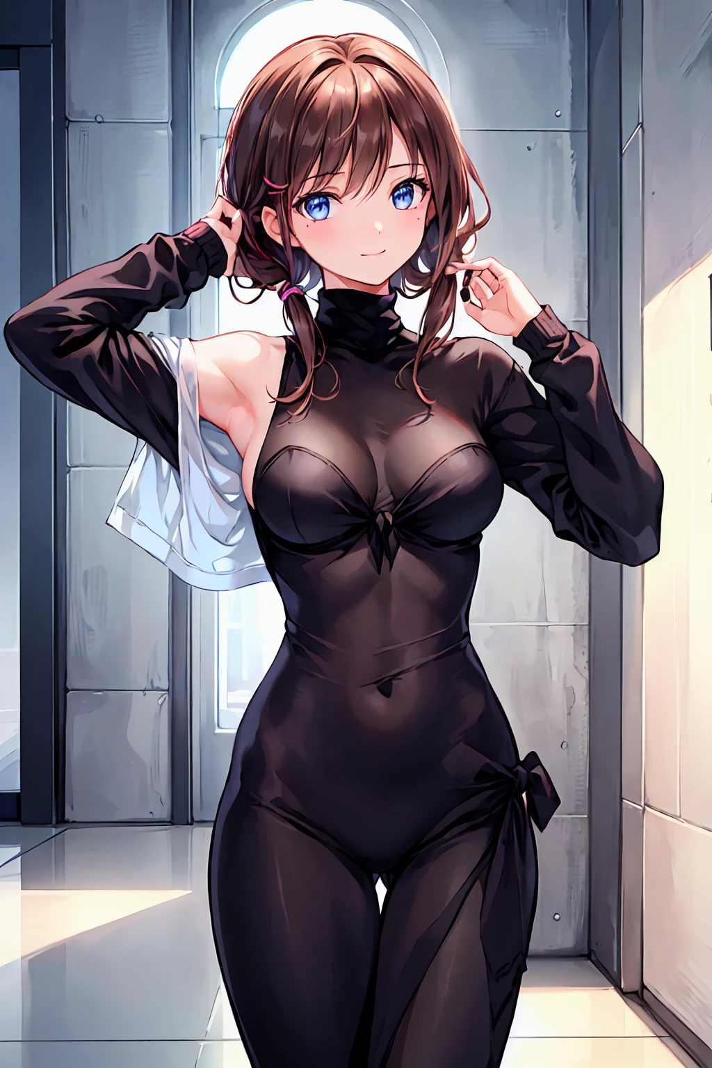 (Pretty Girl:1.3)、(Daytime:1.5)、(Hard breasts:1.4)、Live Shooting, Highest quality, High resolution, (masterpiece), (Realistic:1.4), (Mole under the eye), Sharp focus,8k resolution, Intricate details, Depth of written border, Highly detailed CG Unity 8K wallpapers, Front light, woman,2、 smile,(Tying up hair:1.5)、See through、(Brown Hair)、blue eyes,(indoor:1.5)、(Turtleneck knit:1.3)、(Description of the whole body)、early summer vibes、Brown Hair,Shortcuts,Messy Hair,Slender beauty,A dignified posture,Small chest,Beautiful feet