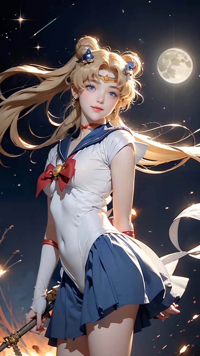 Sailor Moon, 1 girl, blue eyes, Long blond hair, Sailor Suit, Moon headdress, Hold the Moon Stick, standing on the moon, earth in background, space, Star, Confident smile.