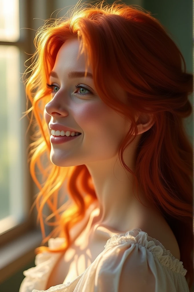 General image of a redhead woman seen from profile with a beautiful smile without wearing clothes