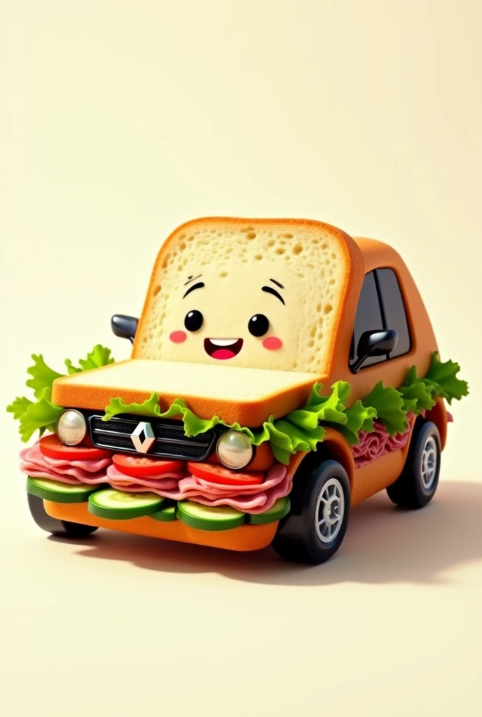 Cartoon of the Renault Duster car made of hamburger bread in the shape of a sandwich using lettuce filling, salami, tomato and cucumber, smiling and delicious And tasty. 