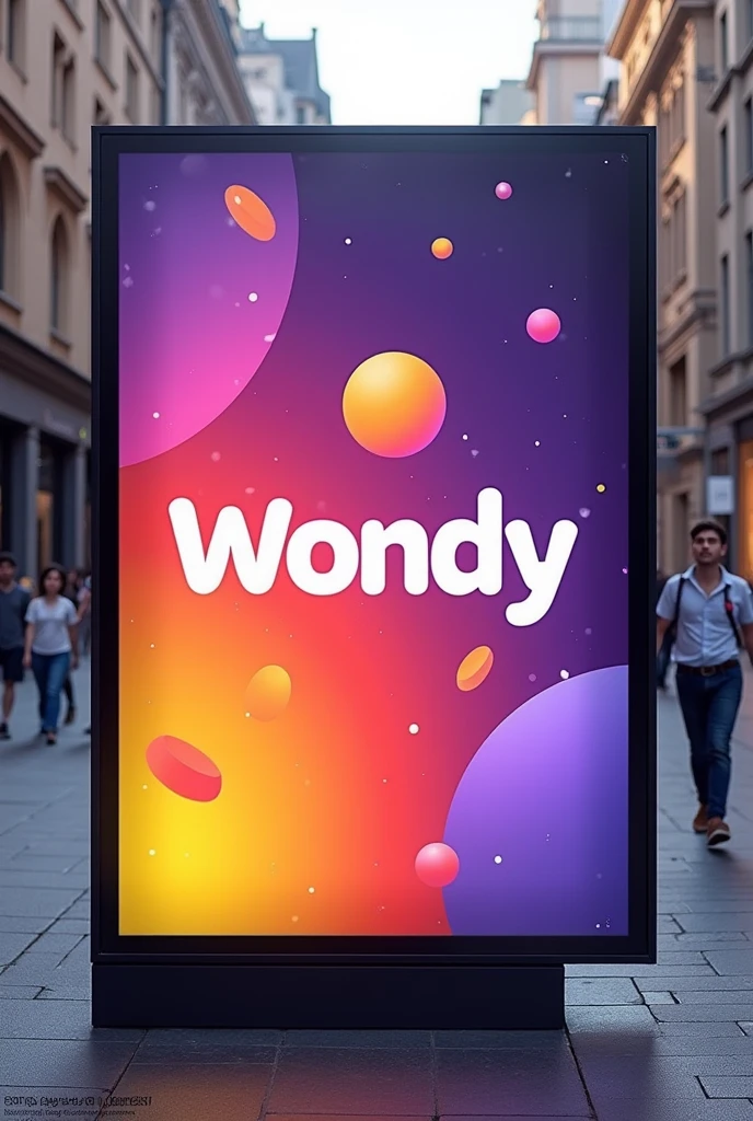 Outdoor advertising with the name WONDY in white with a modern and fun design in purple and quite a bit of yellow