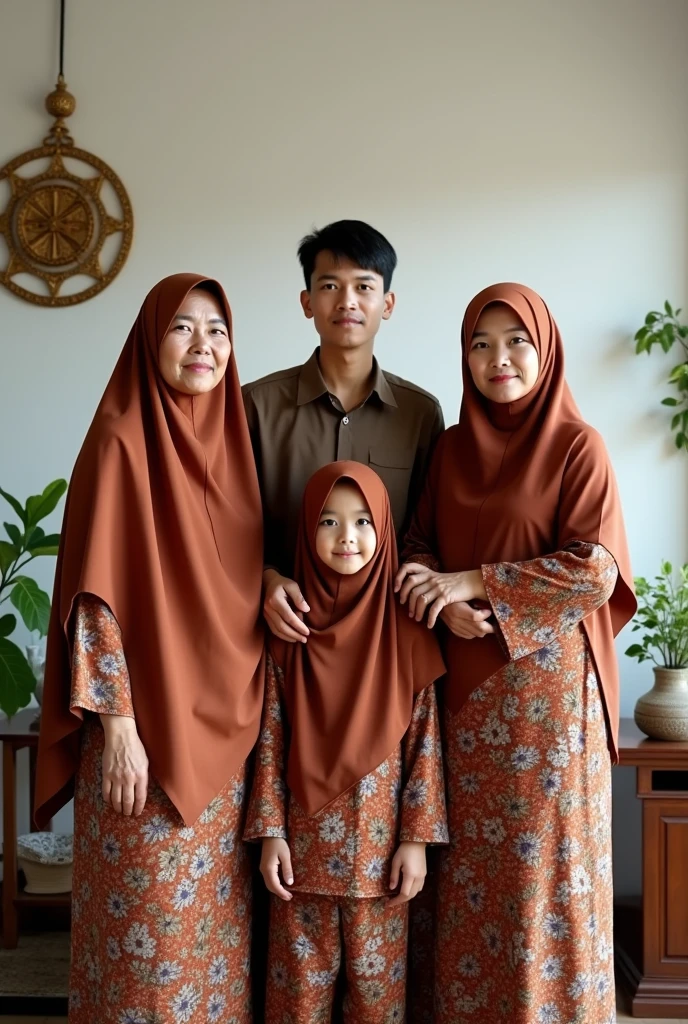 Family photo in Indonesia, three members. A pair of elderly mothers
6 and 70 year old father, 22 year old age boy. They wore traditional Javanese Muslim clothing, floral-patterned sarongs, and long sharia-style hijabs in matching reddish brown colors. It's a photo of the studio, bright living room, white lighting, Islamic decor, green flower vases. Super detailed, realistic, ultra HD, 8K.