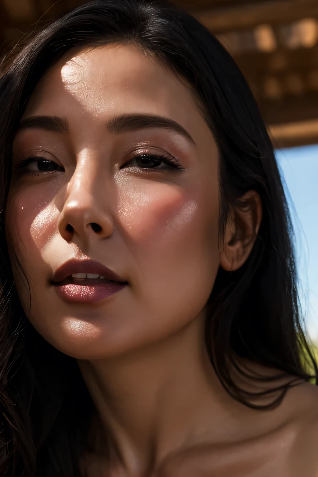 Tabletop,High resolution,High resolution, Award-winning photo, Realistic skin texture,Very detailed, Keep your eyes sharp and focused, Nose and mouth,Face Focus, Woman with open mouth and closed eyes, Black camisole、Age 35,Black-haired、Symmetrical face,Realistic nostrils、Angle from below、Sweaty skin、Lighting that highlights sweaty skin、Skin shiny with sweat、Glowing Skin、Sweaty hair、gag、sunlight、Look up and you can see the nasal cavity,