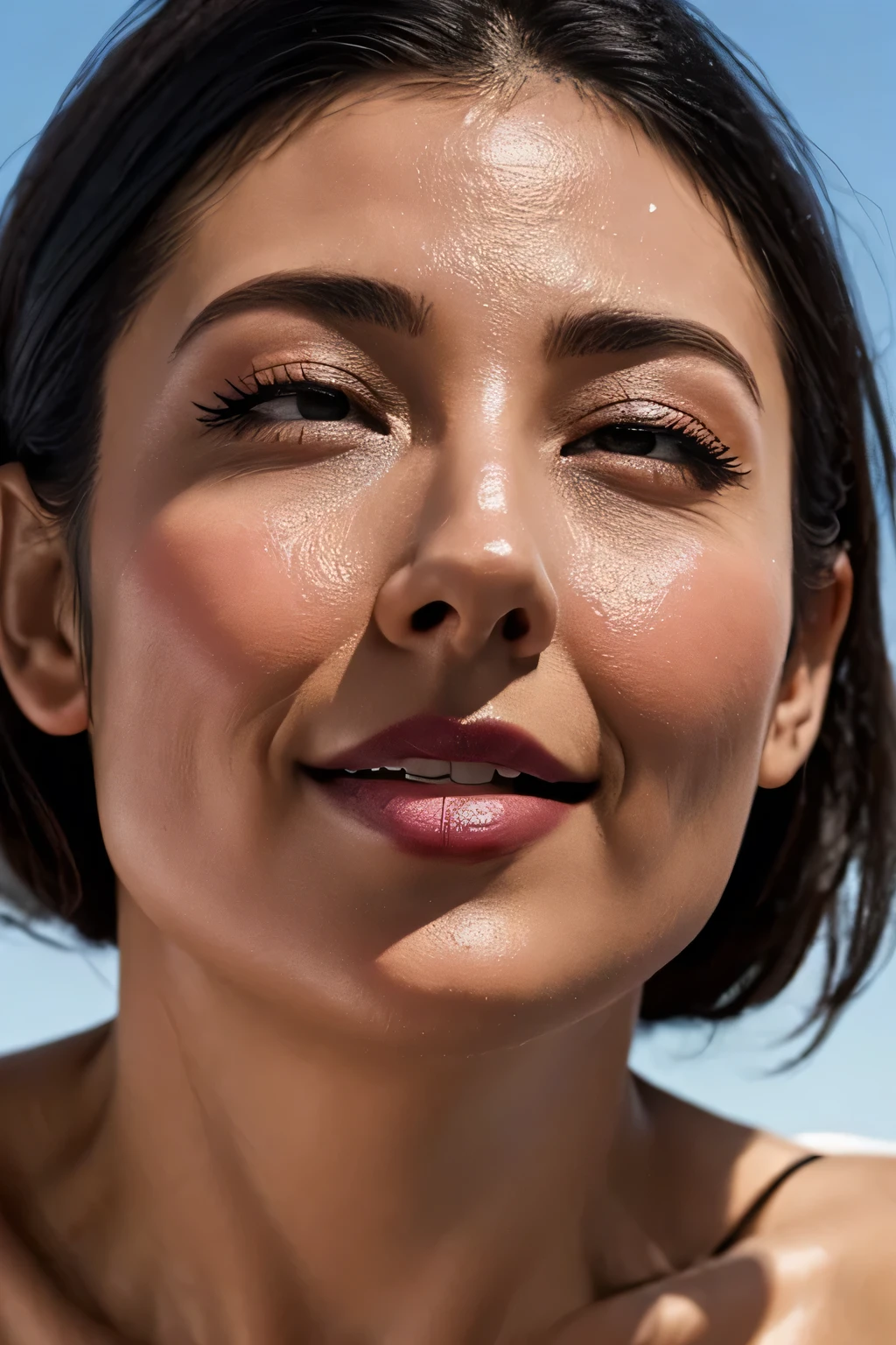 Tabletop,High resolution,High resolution, Award-winning photo, Realistic skin texture,Very detailed, Keep your eyes sharp and focused, Nose and mouth,Face Focus, Woman with open mouth and closed eyes, Black camisole、Age 35,Black-haired、Symmetrical face,Realistic nostrils、Angle from below、Sweaty skin、Lighting that highlights sweaty skin、Skin shiny with sweat、Glowing Skin、Sweaty hair、gag、sunlight、Look up and you can see the nasal cavity,