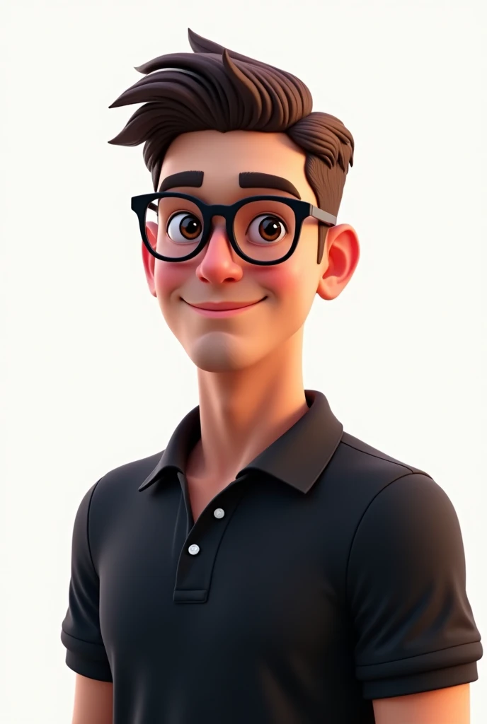 Handsome man, wearing black polo shirt, new cut hair, indoors, white background, wearing glasses, animated, 25 year old