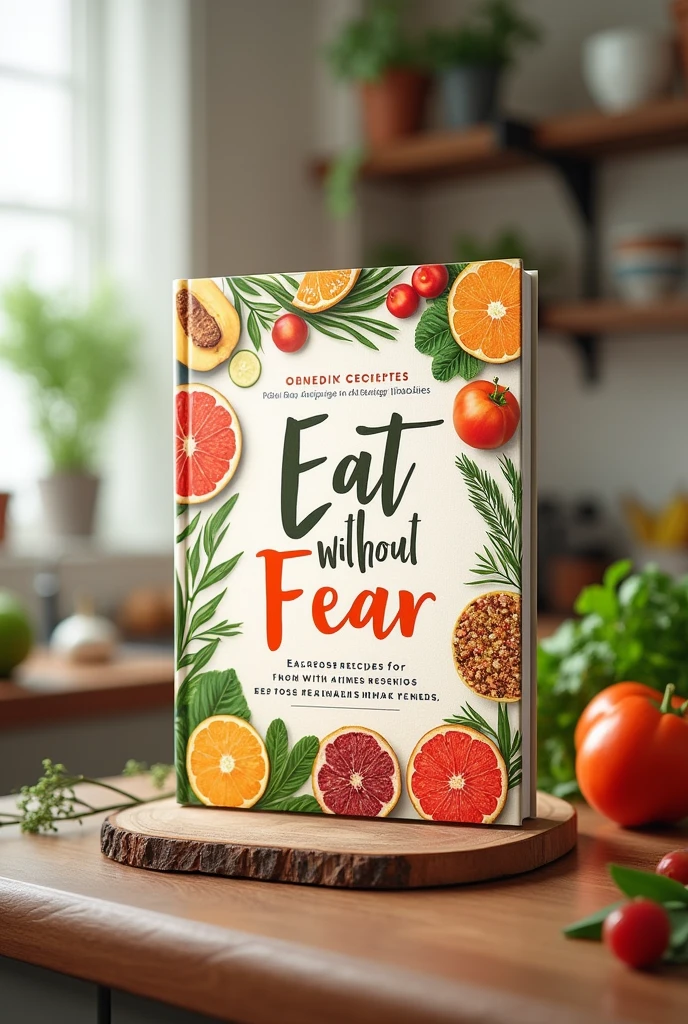 create the cover of a book for delicious recipes for diabetics with the name eat without fear