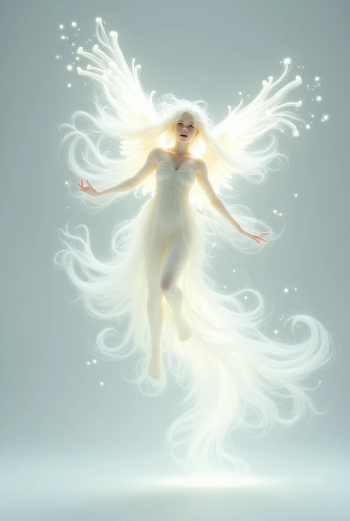 a white background and a light creature in the form of an angel made of gusts of light and wind in shock with a tense body (I don&#39;t obsess)
