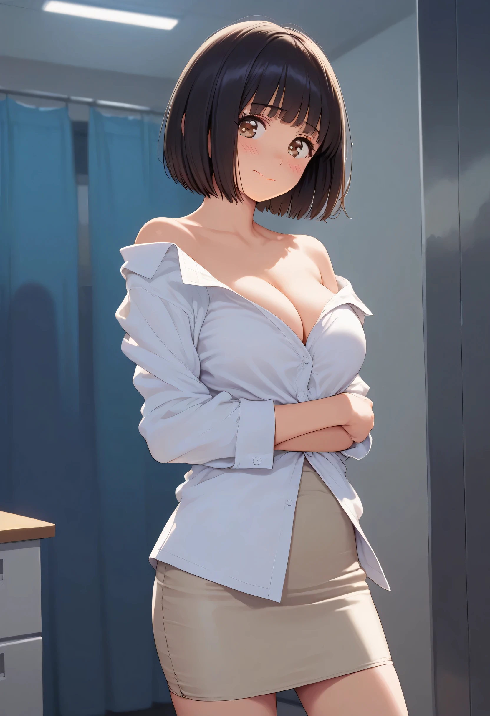 score_9,score_8_up,score_7_up,masterpiece,best quality, source anime, realistic, super detailed, extreme detailed, rating_safe,
1girl, standing, undressing shirt, open shirt, (bare shoulder), cowboy shot,
BREAK 22yo, short hair, bob cut, (blunt bangs), black hair, (tareme, detailed cute brown eyes), curled eyelashes, (large breasts:0.9),
shiny hair, beautiful detailed eyes, beautiful face,
white collared shirt, beige pencil skirt, tight mini skirt,
embarrassed, blush, frown, smile,
office room, night, (darkness:1.3),