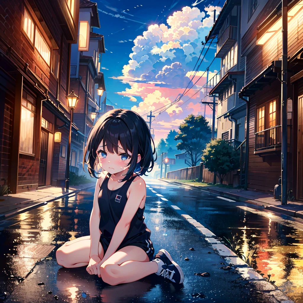 {{{Masterpiece, highest quality, high-resolution background}}}, bright and beautiful atmosphere, 1 girl (, round face, baby face), small breasts, girl falling on the road, half-crying expression, leg exercise sitting , "deltamon_sdXL :0.73)>Deltamon