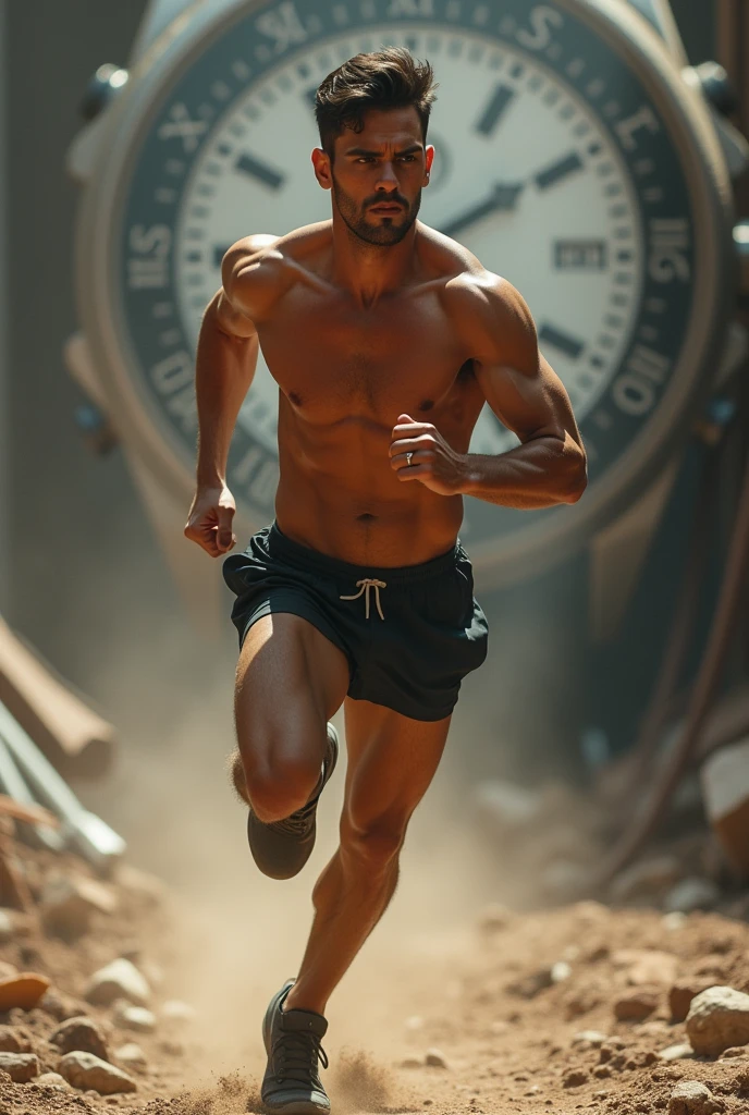 A young men running, big one watch in background, wearing a short pant, it's to hard working person