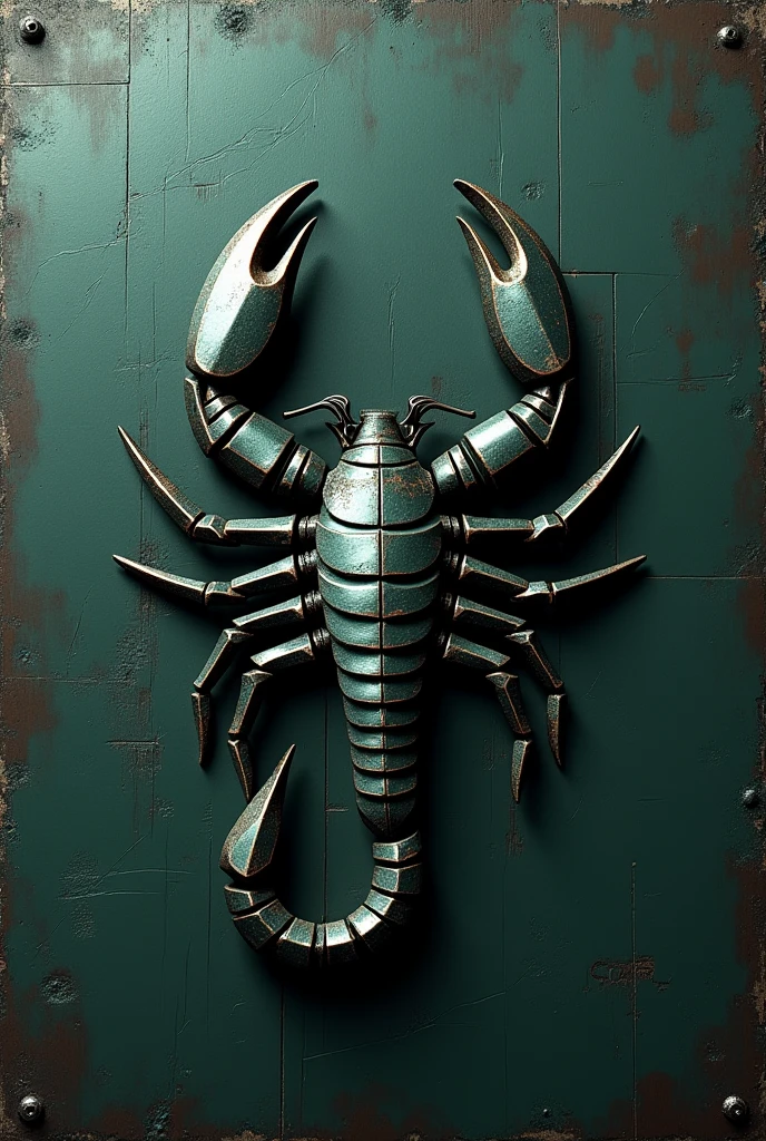 a detailed logo of scorpio sign, modern design, espionage theme, with the word "S CORP" written, dark green, metallic, scratched, (best quality,4k,8k,highres,masterpiece:1.2),ultra-detailed,(realistic,photorealistic,photo-realistic:1.37),professional,concept art
