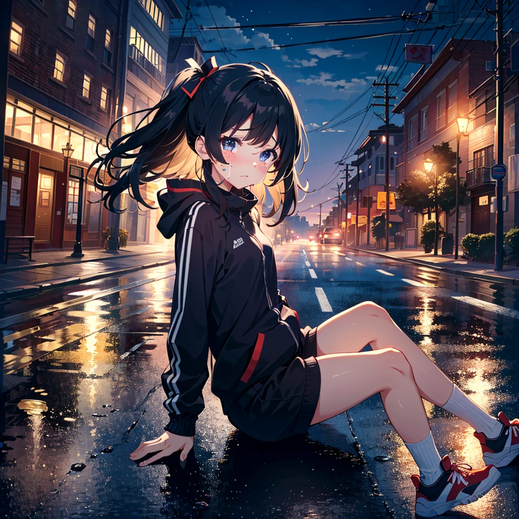 {{{Masterpiece, highest quality, high-resolution background}}}, bright and beautiful atmosphere, 1 girl (, round face, baby face), small breasts, girl falling on the road, half-crying expression, leg exercise sitting , "deltamon_sdXL :0.73)>Deltamon