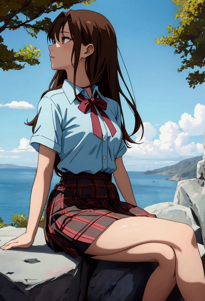 anime girl, long light brown hair, plaid skirt, sitting on a rock in a clearing with blue sky, fishnet shirt, outfit emo
, shy