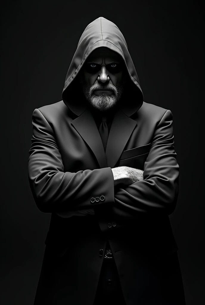avatar. facing the front, Terror, Suit, chic, mascara, hooded cloak, storyteller, grizzled, [ charachter, homem de Suit, front-facing, crossed arms], ( home negro), stark, black ethnicity, stark, Seriously, speaking, narrating,