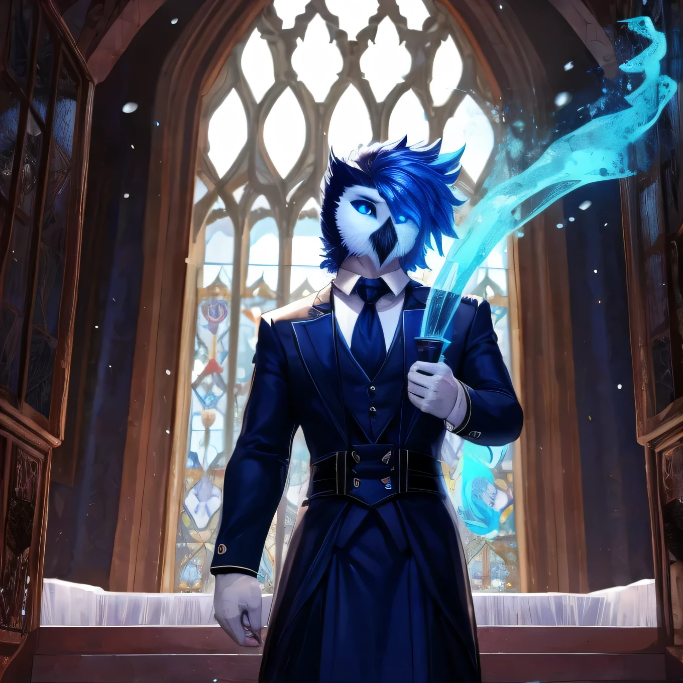 snow owl man Anthro, bonitas, mascle, chic, brawny, bright blue eyes, Butler dress, expression would be, a blue aura around you, conjuring ice magic from his hands, in a mysterious mansion, fine-detailed, 8k, with shadows