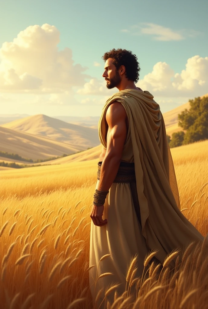 Generate a realistic image according to the Bible of Boaz looking at a wheat field in the distance, young and handsome