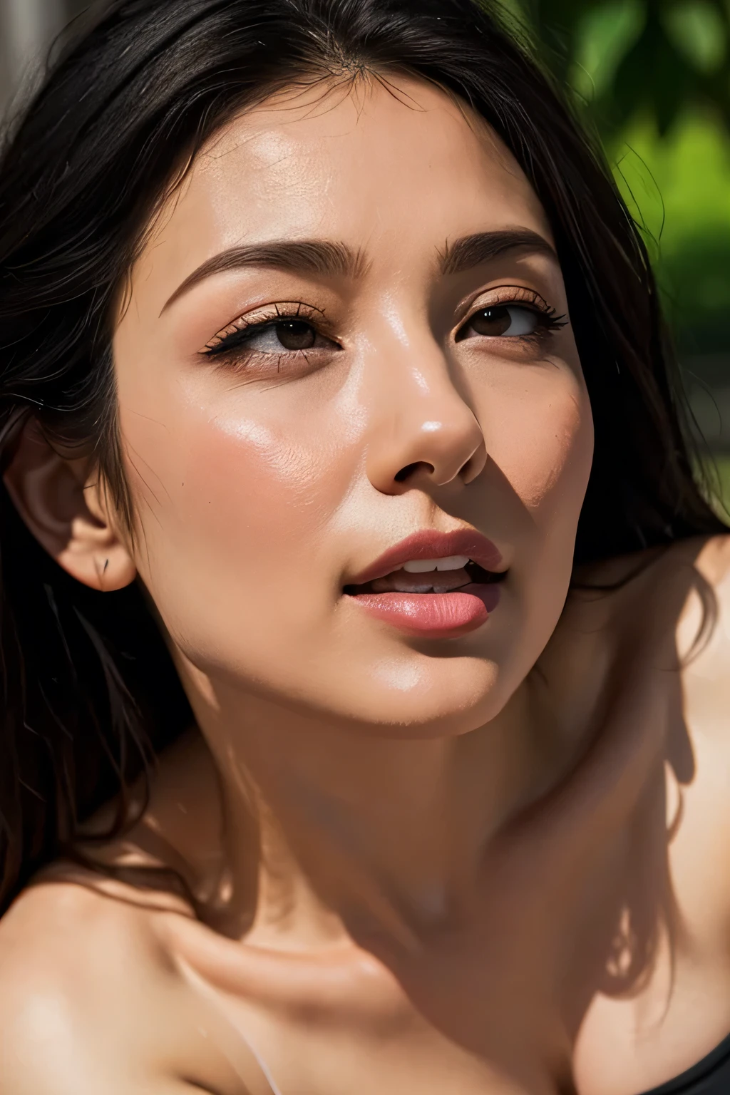 Tabletop,High resolution,High resolution, Award-winning photo, Realistic skin texture,Very detailed, Keep your eyes sharp and focused, Nose and mouth,Face Focus, Woman with open mouth and closed eyes, Black camisole、Age 35,Black-haired、Symmetrical face,Realistic nostrils、Angle from below、Sweaty skin、Lighting that highlights sweaty skin、Skin shiny with sweat、Glowing Skin、Sweaty hair、gag、sunlight、Look up and you can see the nasal cavity,