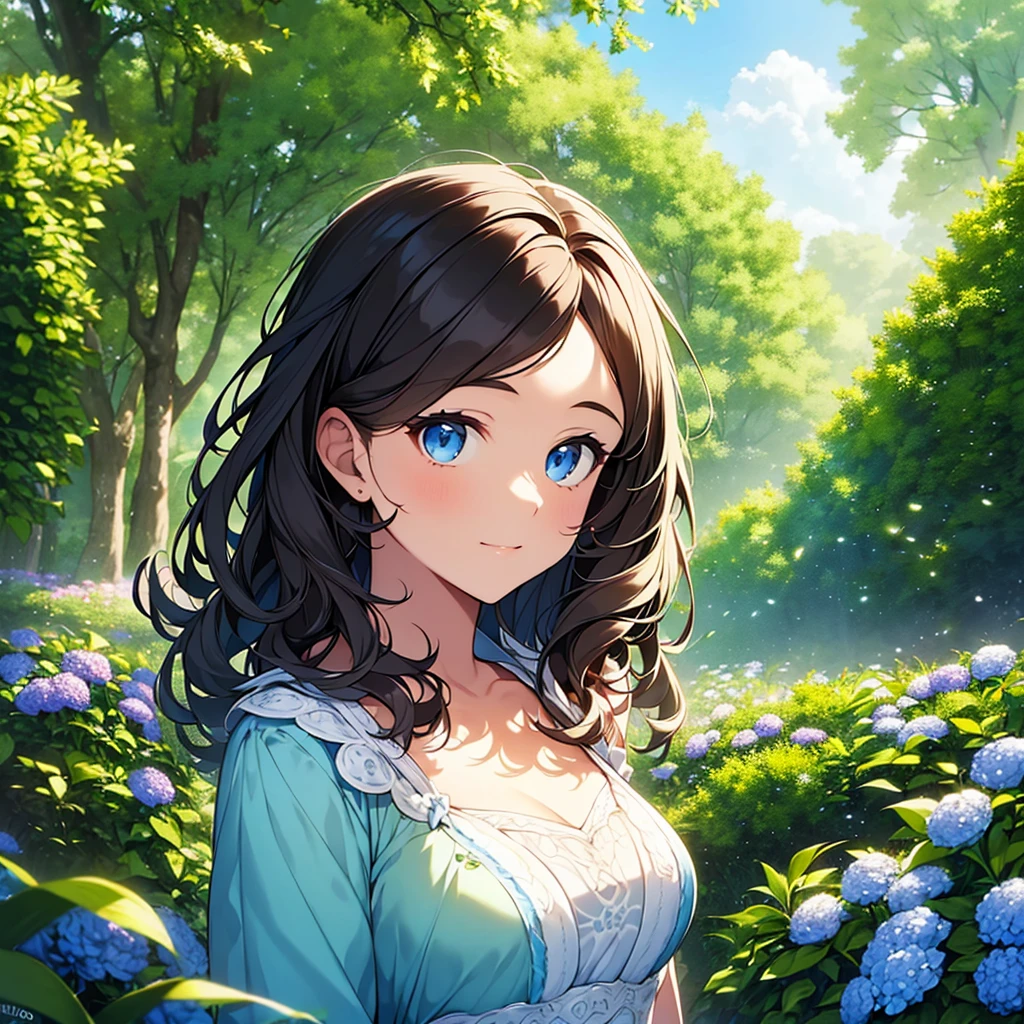a beautiful young girl with curly brown hair and bright blue eyes, serene expression, wearing a pale blue dress, standing in a lush green garden with colorful flowers, sunlight filtering through the trees, (best quality,8k,highres,masterpiece:1.2),ultra-detailed,(realistic,photorealistic,photo-realistic:1.37),intricate details,natural lighting,warm color tones,cinematic composition,portrait,digital art