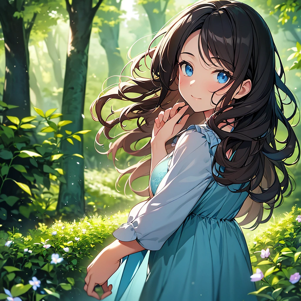a beautiful young girl with curly brown hair and bright blue eyes, serene expression, wearing a pale blue dress, standing in a lush green garden with colorful flowers, sunlight filtering through the trees, (best quality,8k,highres,masterpiece:1.2),ultra-detailed,(realistic,photorealistic,photo-realistic:1.37),intricate details,natural lighting,warm color tones,cinematic composition,portrait,digital art