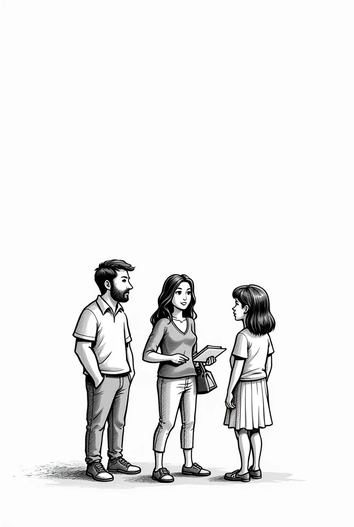 so generate a black and white comics and make it look like it's just sketch using a pen or pencil and the prompt is a teacher that is a woman talking to a parent which is the father and the mother in the office so there's basically 3 people. Make the drawing simple like a doodle or something. THERE'S 3 PEOPLE.