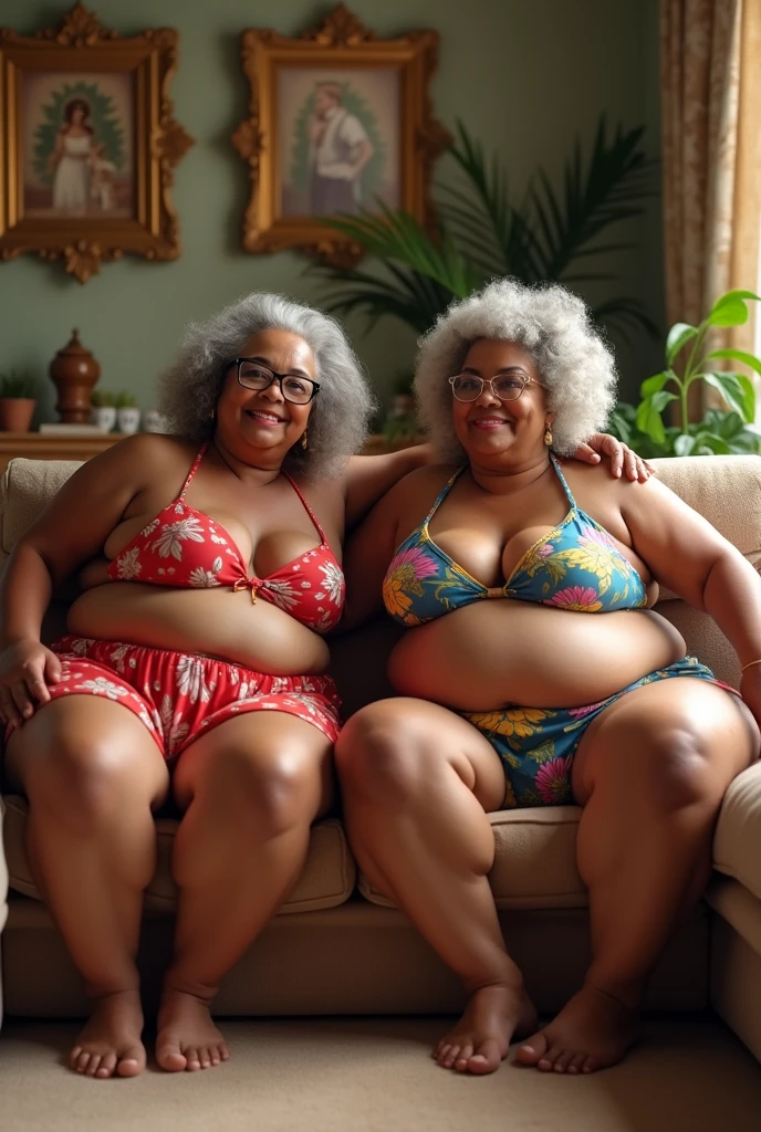 Two fat grandmothers, both black and ssbbw body in bikini and on a sofa