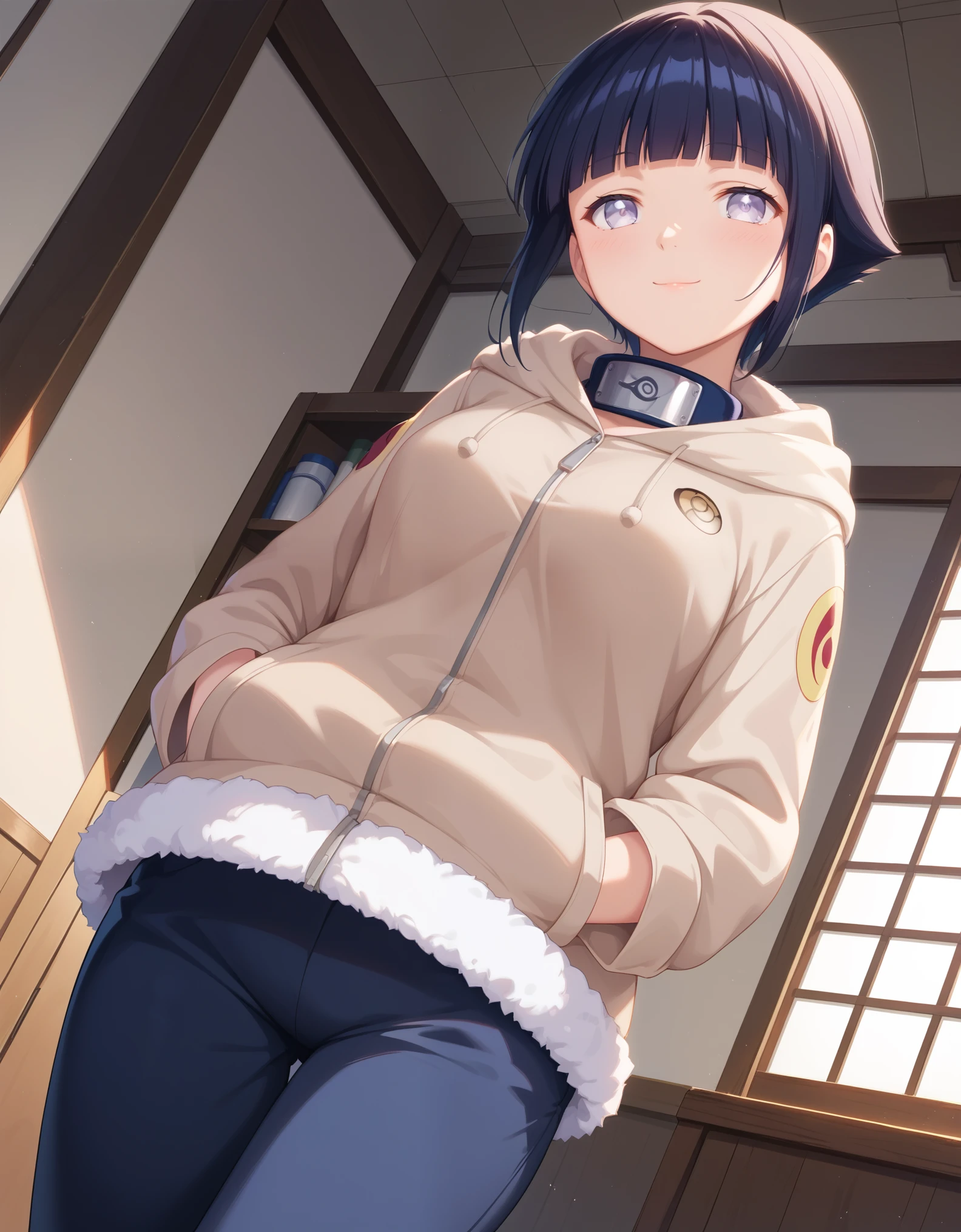 score_9, score_8_up, score_7_up, source_anime, hinata hyuga, short hair, white eyes, bangs, blunt bangs, medium breasts,, long sleeves, pants, hood, konohagakure symbol, fur trim, jacket,, indoors, smile, looking at viewer, solo,, cowboy shot, dutch angle