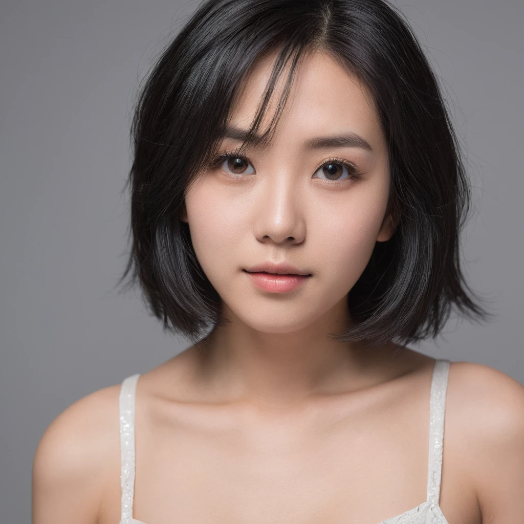 Yui, photo of age 20 year female, black shoulder length hair, breasts; (rim lighting, studio lighting), (dslr, ultra quality, film grain, Fujifilm XT3, crystal clear, 8K UHD, highly detailed glossy eyes, high detailed skin, skin pores)