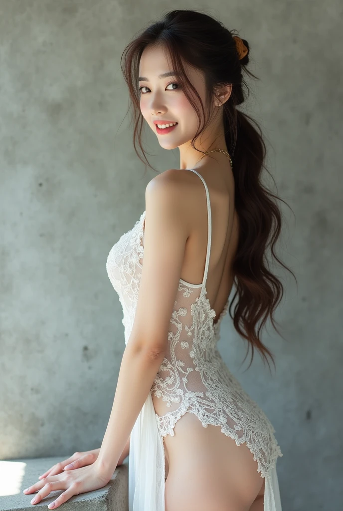(Highest quality:1.4),(masterpiece:1.4),(Realistic:1.4),(Realistic:1.2),(超High resolution, RAW Photos:1.4),(High resolution, Very detailed:1.2),(8k:1.2),photograph,(Shot from behind:1.3)、Korean women、brown hair photos,One Woman,alone,(In underwear),Very large breasts,((Thigh to head shot:1.3))、(((topless、You can see her large breasts from the side.)))、((Toothy smile))、((Very large breasts:1.4))、Realistic skin textures、Slightly freckled、Slender figure、Realistic skin textures、((background,Concrete wall:1.3)),(topless,The breast is visible from the side:1.6),(Long lace slip,White)、33-year-old woman、The angle at which the nipple is not visible、((Updo long hairstyle))、((White,Long lace slip:1.7))、Correct toes、Detailed facial features、Standing with hands on the wall、Buttock thrust standing pose、Gravure idol pose