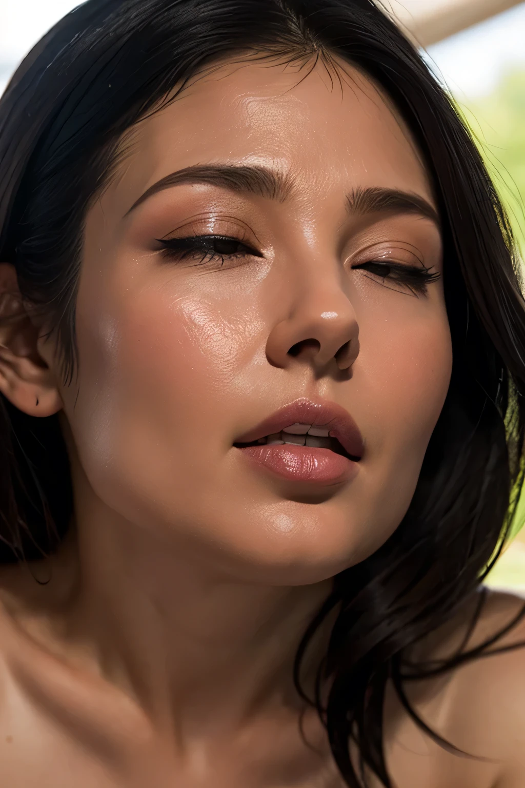 Tabletop,High resolution,High resolution, Award-winning photo, Realistic skin texture,Very detailed, Keep your eyes sharp and focused, Nose and mouth,Face Focus, Woman with open mouth and closed eyes, Black camisole、Age 35,Black-haired、Symmetrical face,Realistic nostrils、Angle from below、Sweaty skin、Lighting that highlights sweaty skin、Skin shiny with sweat、Glowing Skin、Sweaty hair、gag、sunlight、Look up and you can see the nasal cavity,Nose close-up