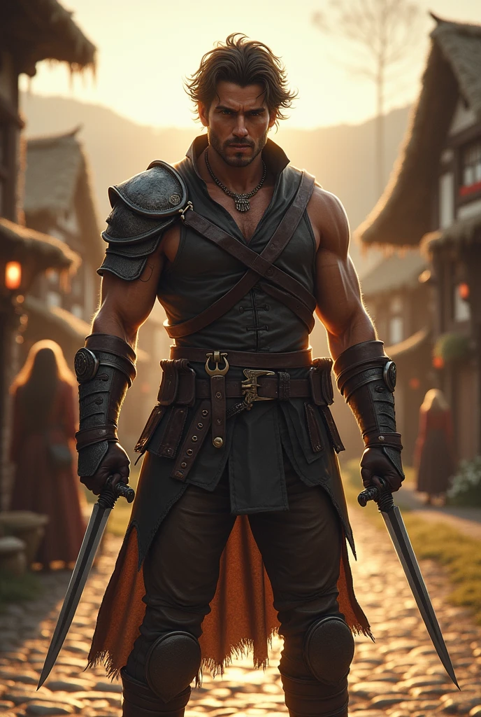 A role-playing character, a tall handsome man, with two knives in a medieval village 