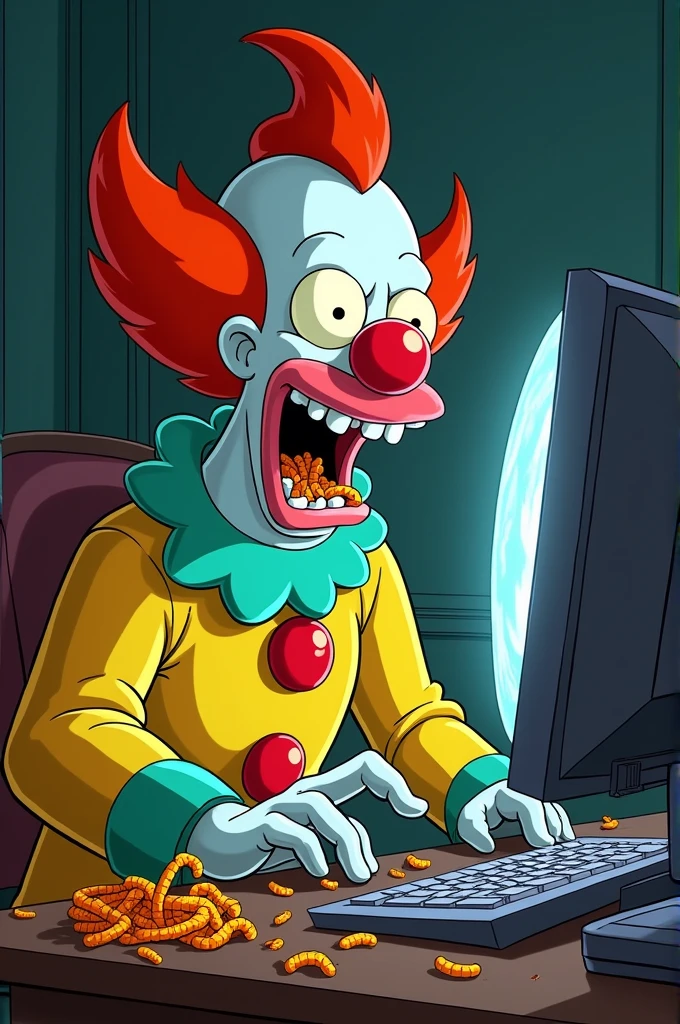 Draw a krusty the clown eating cheetos in front of a computer laughing maniacally
